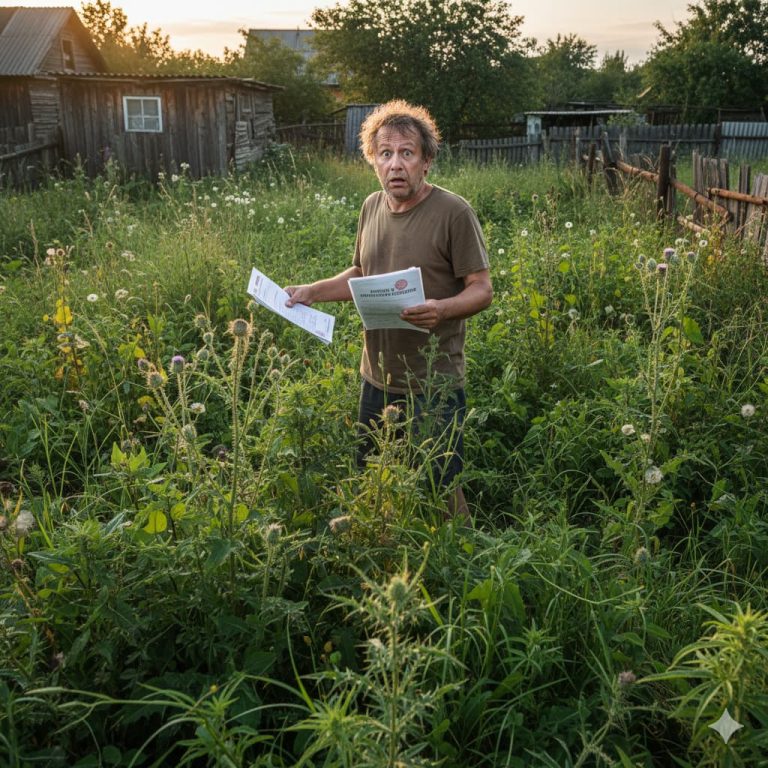Дачник на заросшем сорняками дачном участке